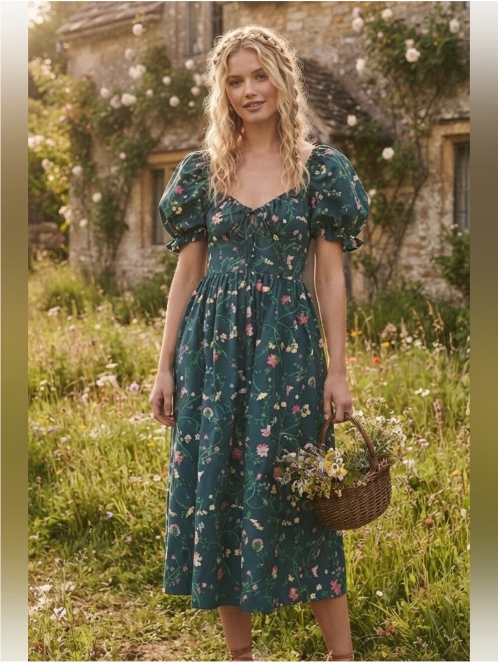 Hill House Green Floral Coquette Midi Dress M